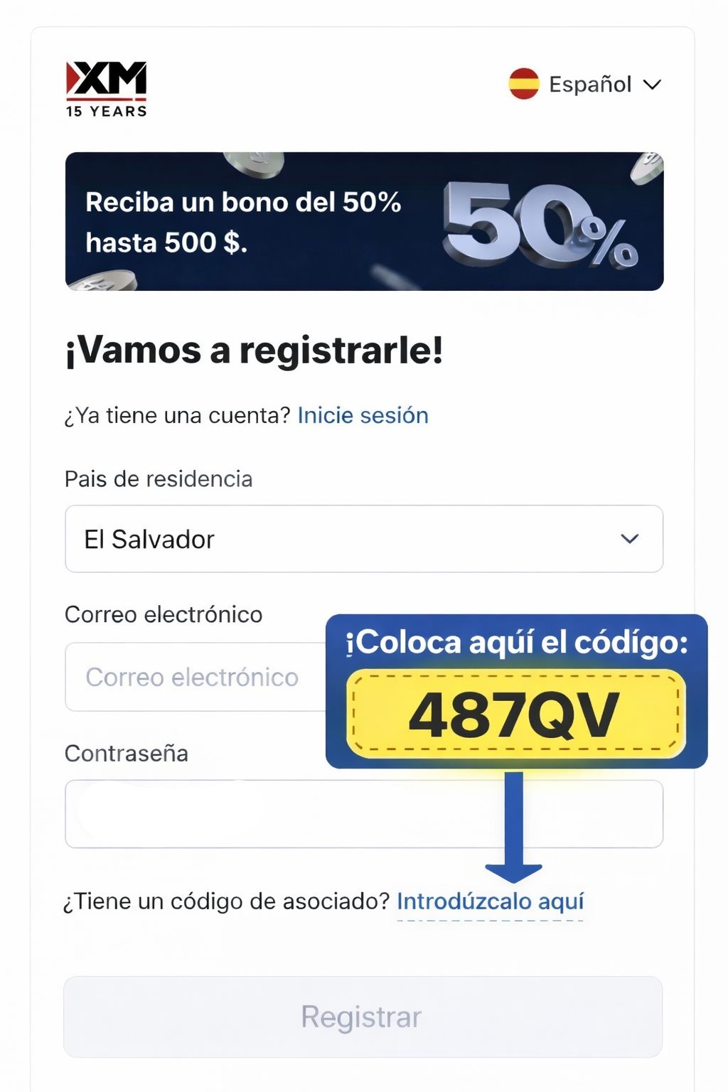 Ejemplo: ubica el campo de código de asociado e ingresa 487QV